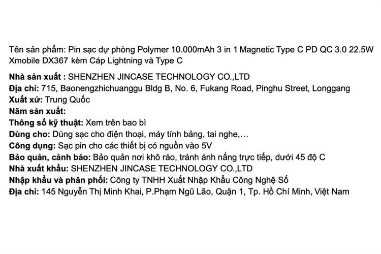 Pin sạc dự phòng Polymer 10.000mAh 3 in 1 Magnetic Type C PD QC 3.0 22.5W Xmobile DX367 tích hợp Adapter sạc Màu Đen