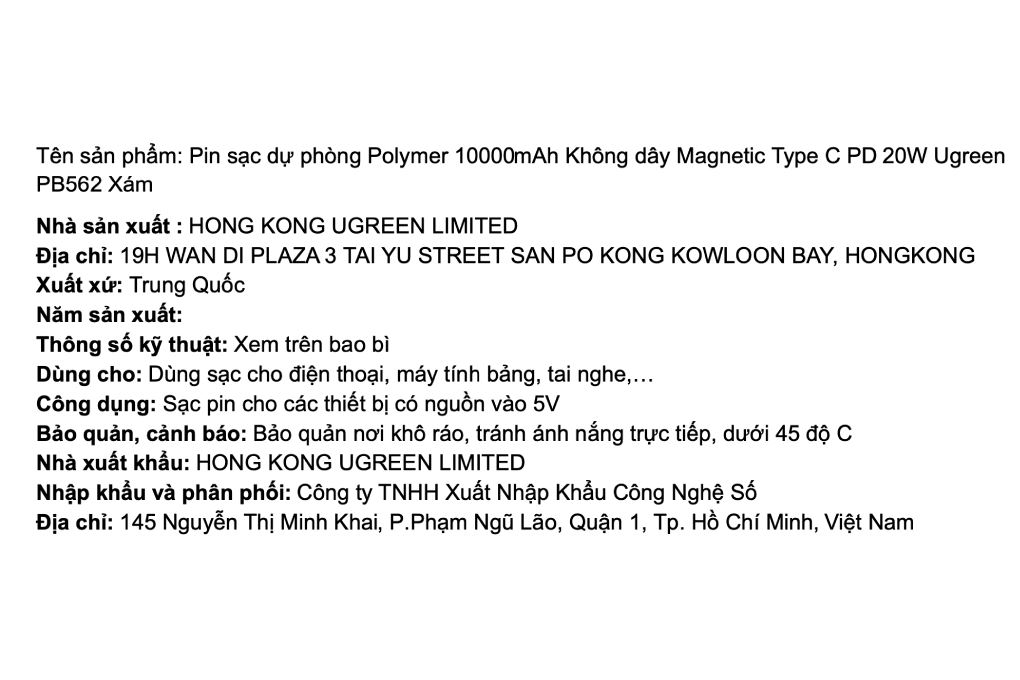 Pin sạc dự phòng Polymer 10000mAh Không dây Magnetic Type C PD 20W Ugreen PB562 Màu Xám