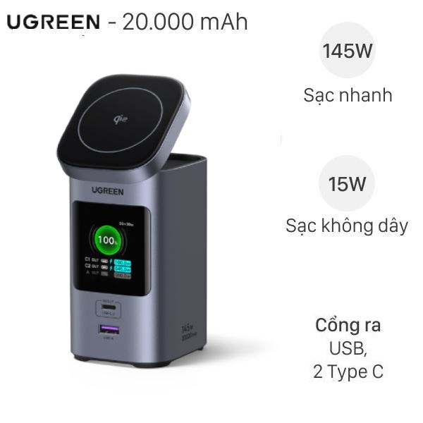 Pin sạc dự phòng 20000mAh Không dây Magnetic Qi2 Type C PD QC 3.0 145W Ugreen PB771