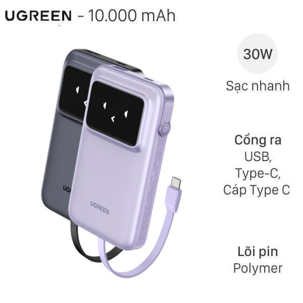 Pin sạc dự phòng Polymer 10000mAh Type C PD QC 3.0 30W Ugreen Uno PB511 kèm Cáp Type C