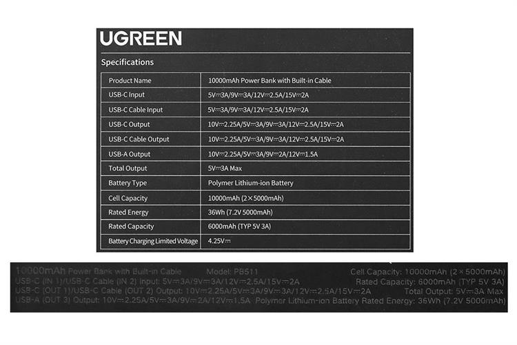 Pin sạc dự phòng Polymer 10000mAh Type C PD QC 3.0 30W Ugreen Uno PB511 kèm Cáp Type C Màu Xám