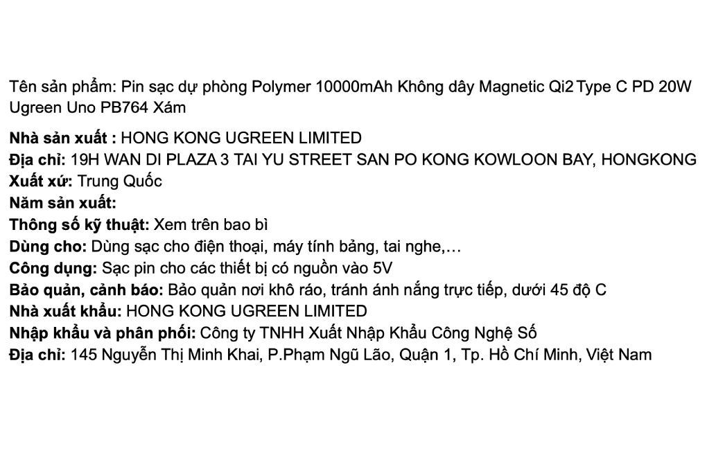 Pin sạc dự phòng Polymer 10000mAh Không dây Magnetic Qi2 Type C PD 20W Ugreen Uno PB764 Màu Xám