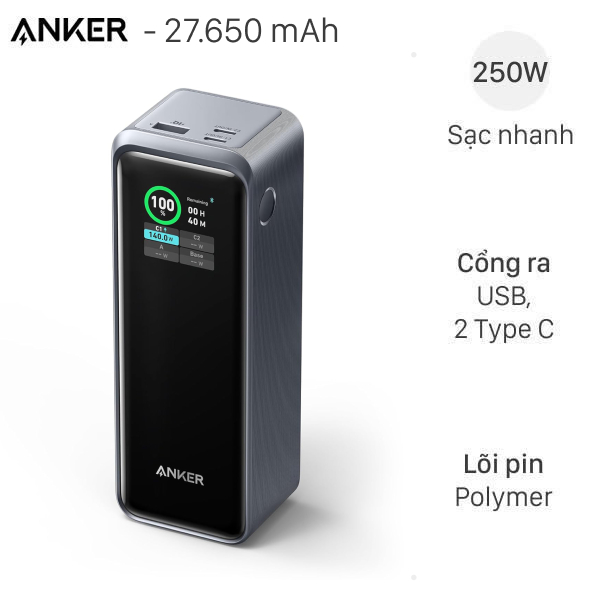 Pin sạc dự phòng Polymer 27650mAh Type C PD QC 3.0 250W Anker Prime A1340
