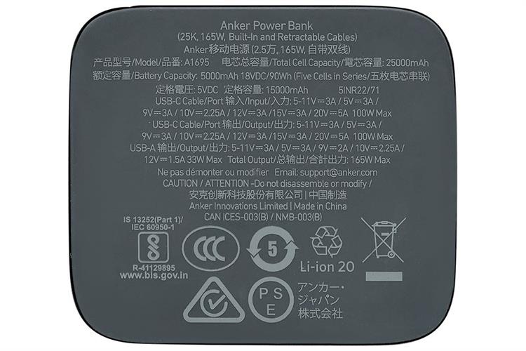 Pin sạc dự phòng 25000mAh Type C PD QC 3.0 165W Anker Zolo A1695 kèm cáp dây rút Type C Màu Đen