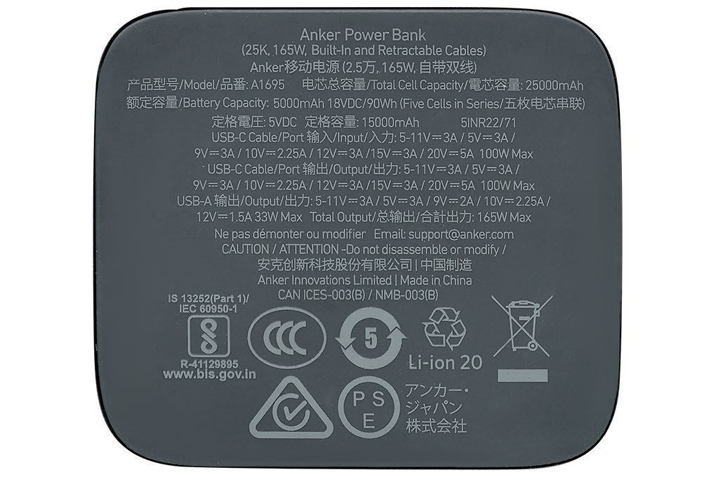 Pin sạc dự phòng 25000mAh Type C PD QC 3.0 165W Anker Zolo A1695 kèm cáp dây rút Type C Màu Đen
