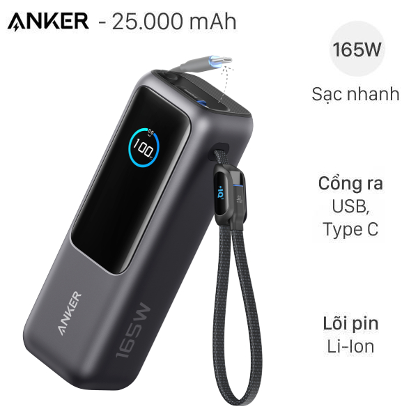 Pin sạc dự phòng 25000mAh Type C PD QC 3.0 165W Anker Zolo A1695 kèm cáp dây rút Type C