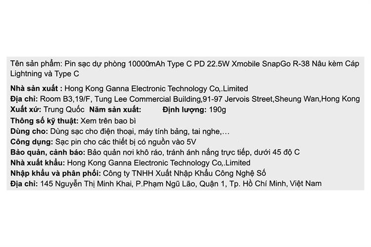 Pin sạc dự phòng 10000mAh Type C PD 22.5W Xmobile SnapGo R-38 kèm Cáp Lightning và Type C Màu Nâu