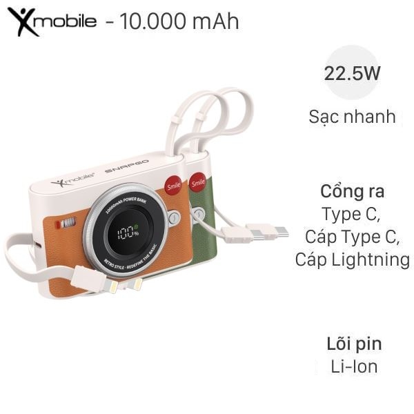 Pin sạc dự phòng 10000mAh Type C PD 22.5W Xmobile SnapGo R-38 kèm Cáp Lightning và Type C