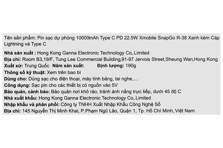 Pin sạc dự phòng 10000mAh Type C PD 22.5W Xmobile SnapGo R-38 kèm Cáp Lightning và Type C Màu Xanh lá đậm