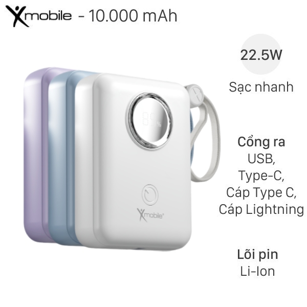 Pin sạc dự phòng 10000mAh Type C PD QC 3.0 22.5W Xmobile MH806 kèm Cáp Lightning và Type C