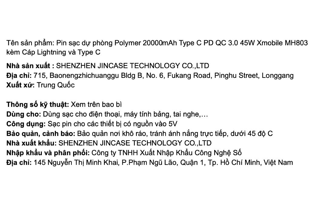 Pin sạc dự phòng Polymer 20000mAh Type C PD QC 3.0 45W Xmobile MH803 kèm Cáp Lightning và Type C Màu Đen
