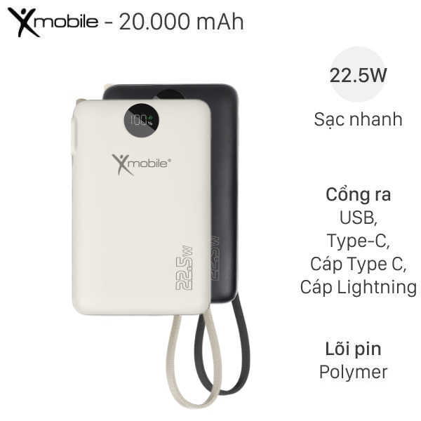 Pin sạc dự phòng Polymer 20000mAh Type C PD QC 3.0 22.5W Xmobile T178BLF tích hợp Adapter sạc