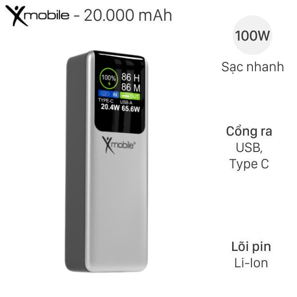 Pin sạc dự phòng 20000mAh Type C PD QC 3.0 100W Xmobile GN-100