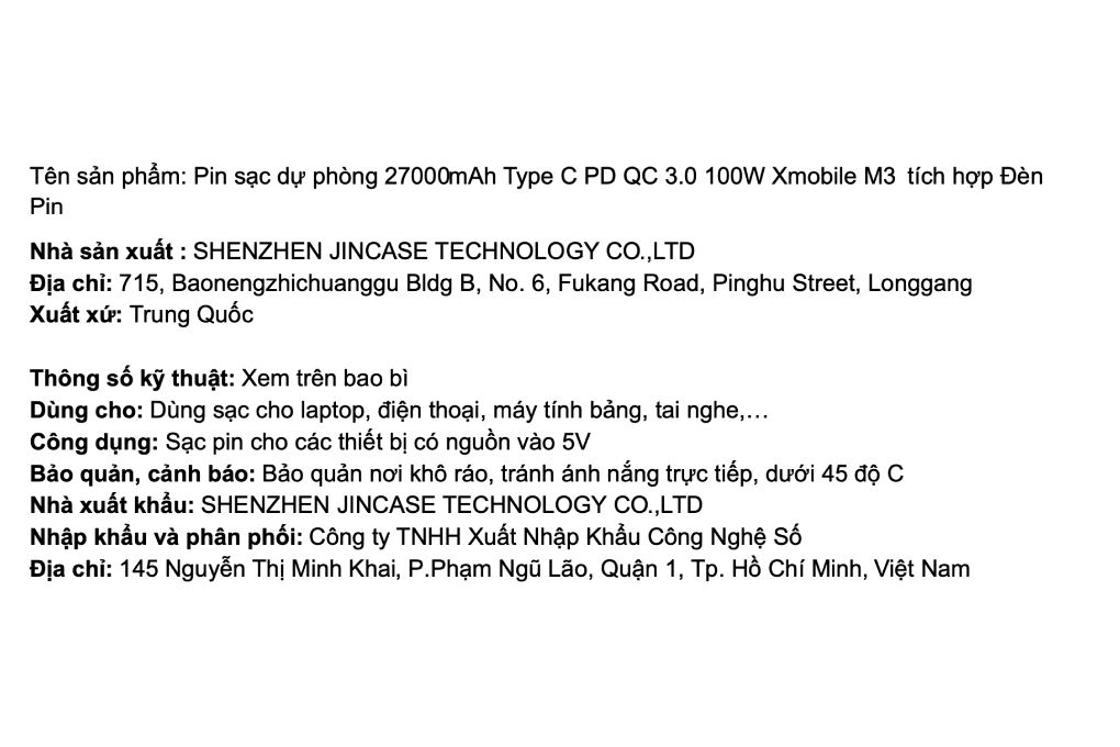 Pin sạc dự phòng 27000mAh Type C PD QC 3.0 100W Xmobile M3 tích hợp đèn Pin - 8