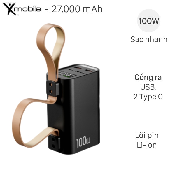 Pin sạc dự phòng 27000mAh Type C PD QC 3.0 100W Xmobile M3 tích hợp đèn Pin