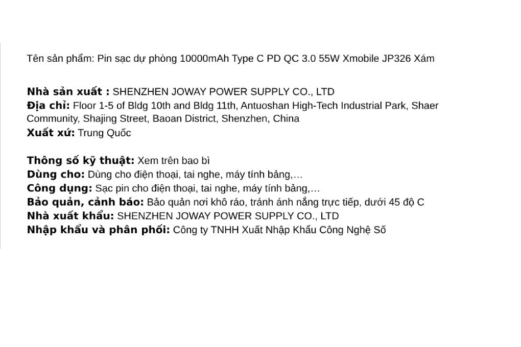 Pin sạc dự phòng 10000mAh Type C PD QC 3.0 55W Xmobile JP326 - 11