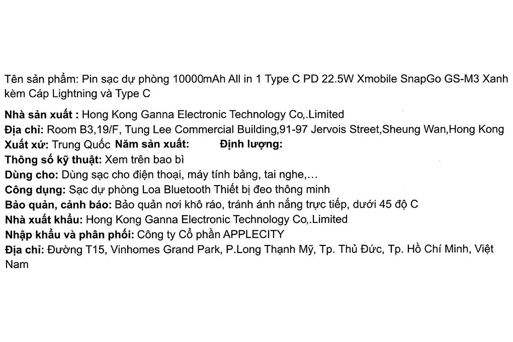 Pin sạc dự phòng 10000mAh Type C PD 22.5W Xmobile SnapGo GS-M3 kèm Cáp Lightning và Type C Màu Xanh lá đậm