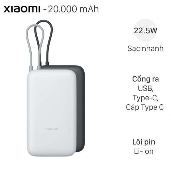 Pin sạc dự phòng 20000mAh Type C PD QC 3.0 22.5W Xiaomi PB2020MI kèm Cáp Type C