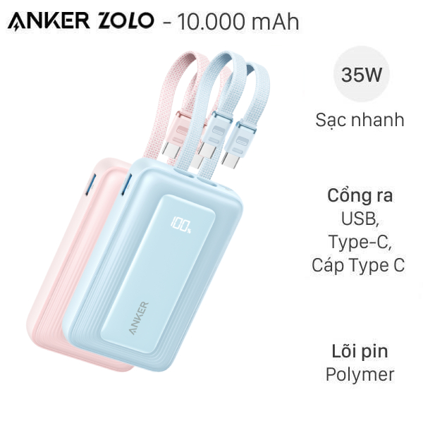 Pin sạc dự phòng Polymer 10000mAh Type C PD QC 3.0 35W Anker Zolo A1680 kèm 2 Cáp Type C