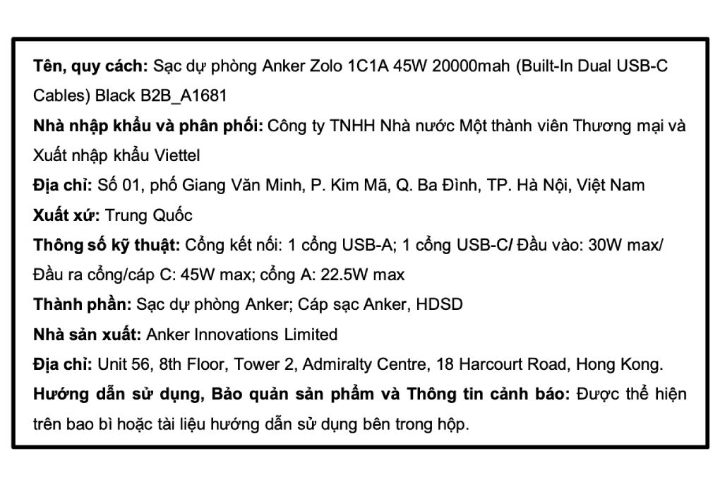Pin sạc dự phòng Polymer 20000mAh Type C PD QC 3.0 45W Anker Zolo A1681 kèm 2 Cáp Type C Màu Đen