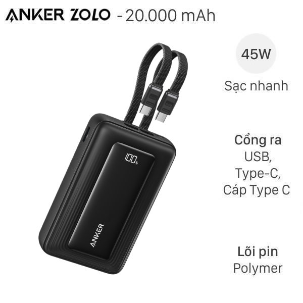 Pin sạc dự phòng Polymer 20000mAh Type C PD QC 3.0 45W Anker Zolo A1681 kèm 2 Cáp Type C