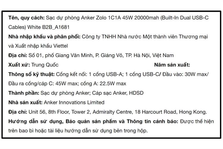 Pin sạc dự phòng Polymer 20000mAh Type C PD QC 3.0 45W Anker Zolo A1681 kèm 2 Cáp Type C Màu Trắng