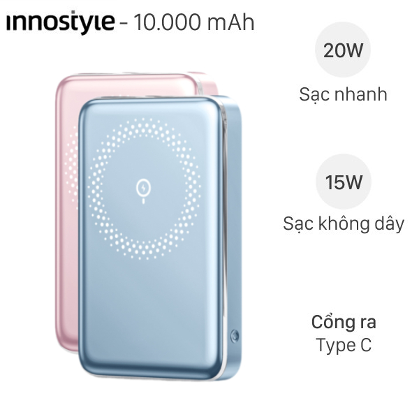 Pin sạc dự phòng Polymer 10000mAh Không dây Magnetic Type C PD 20W Innostyle PowerMag Slim IM20PD