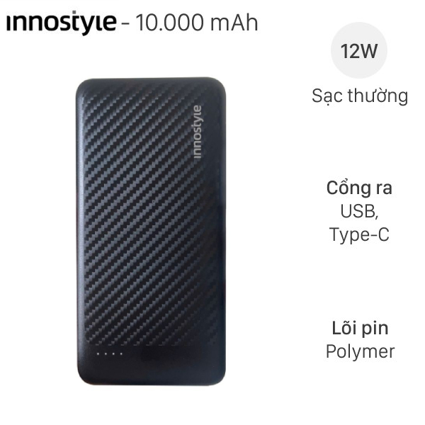 Pin sạc dự phòng Polymer 10000mAh Type C 12W Innostyle PowerSmart IP12SABLK