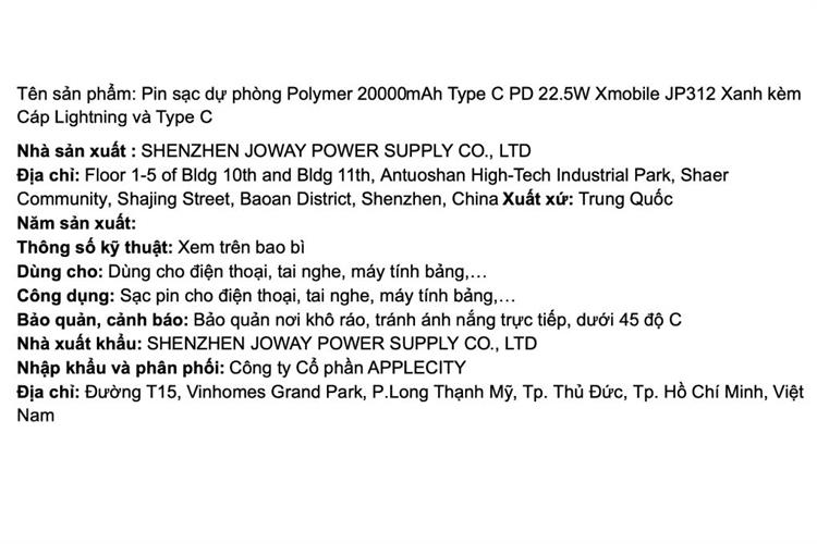 Pin sạc dự phòng Polymer 20000mAh Type C PD 22.5W Xmobile JP312 kèm Cáp Lightning và Type C Màu Xanh Dương