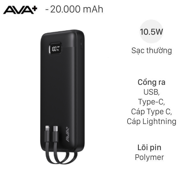 Pin sạc dự phòng Polymer 20000mAh Type C 10.5W AVA  JP311 kèm cáp Lightning và Type C