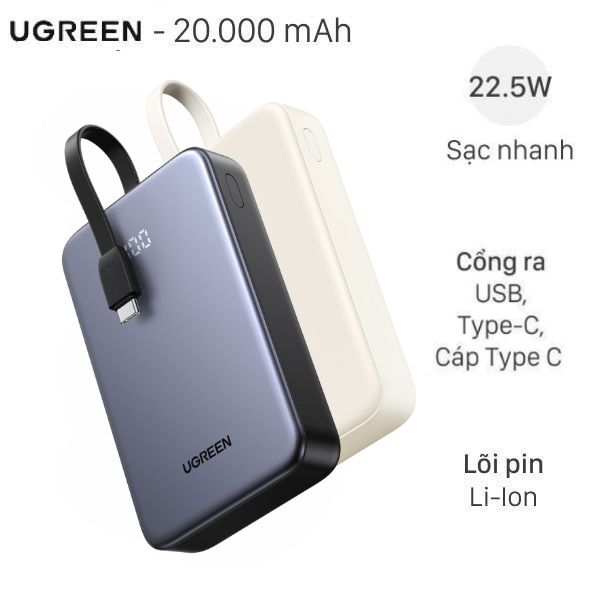Pin sạc dự phòng 20000mAh Type C PD QC 3.0 22.5W Ugreen PB505 kèm Cáp Type C