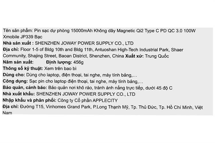 Pin sạc dự phòng 15000mAh Không dây Magnetic Qi2 Type C PD QC 3.0 100W Xmobile JP339 Màu Bạc