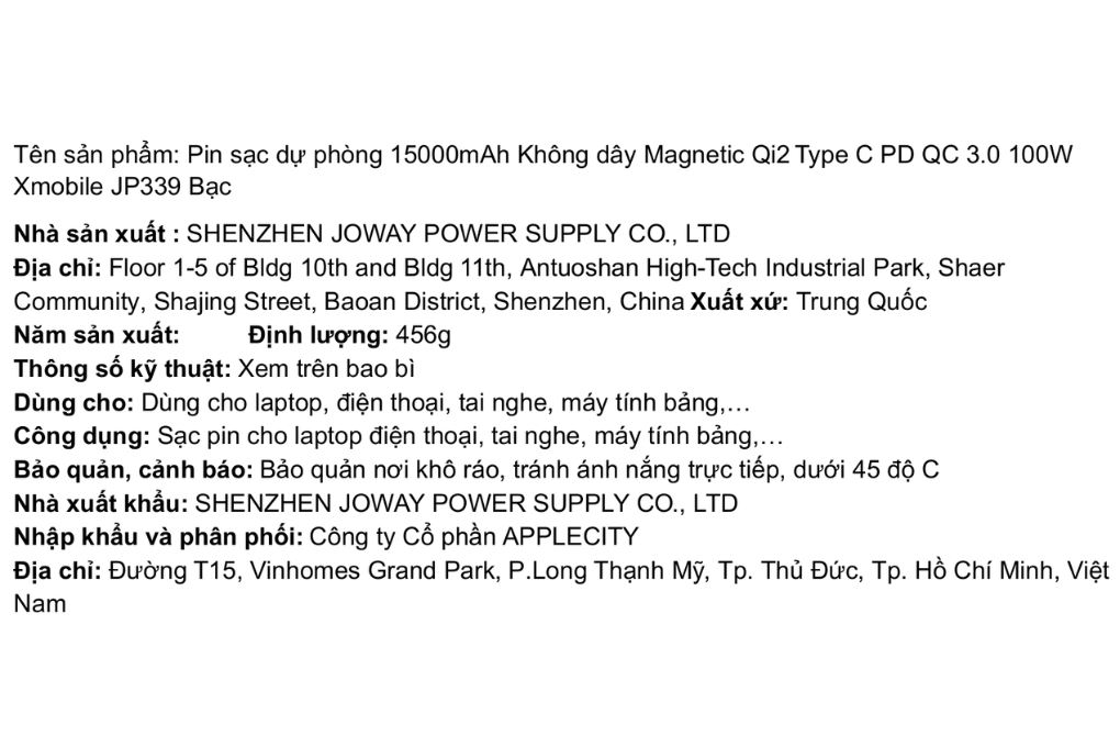 Pin sạc dự phòng 15000mAh Không dây Magnetic Qi2 Type C PD QC 3.0 100W Xmobile JP339 Màu Bạc