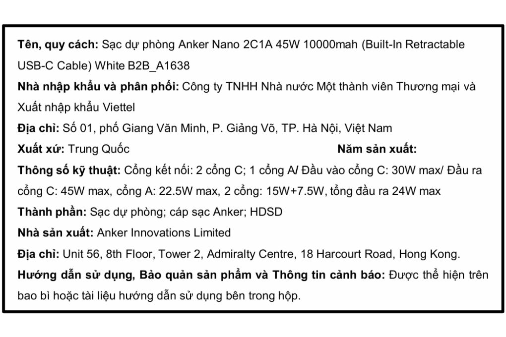 Pin sạc dự phòng 10000mAh Type C PD QC 3.0 45W Anker A1638 kèm cáp dây rút Type C Màu Trắng