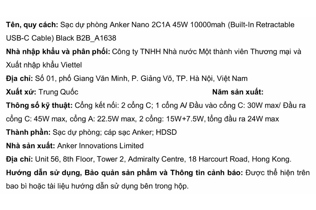 Pin sạc dự phòng 10000mAh Type C PD QC 3.0 45W Anker A1638 kèm cáp dây rút Type C Màu Đen