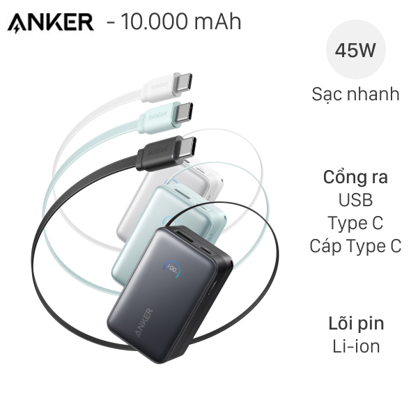 Pin sạc dự phòng 10000mAh Type C PD QC 3.0 45W Anker A1638 kèm cáp dây rút Type C
