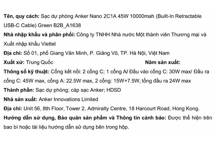 Pin sạc dự phòng 10000mAh Type C PD QC 3.0 45W Anker A1638 kèm cáp dây rút Type C Màu Xanh mint