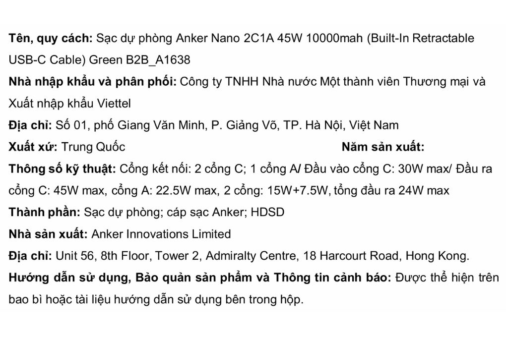 Pin sạc dự phòng 10000mAh Type C PD QC 3.0 45W Anker A1638 kèm cáp dây rút Type C Màu Xanh mint