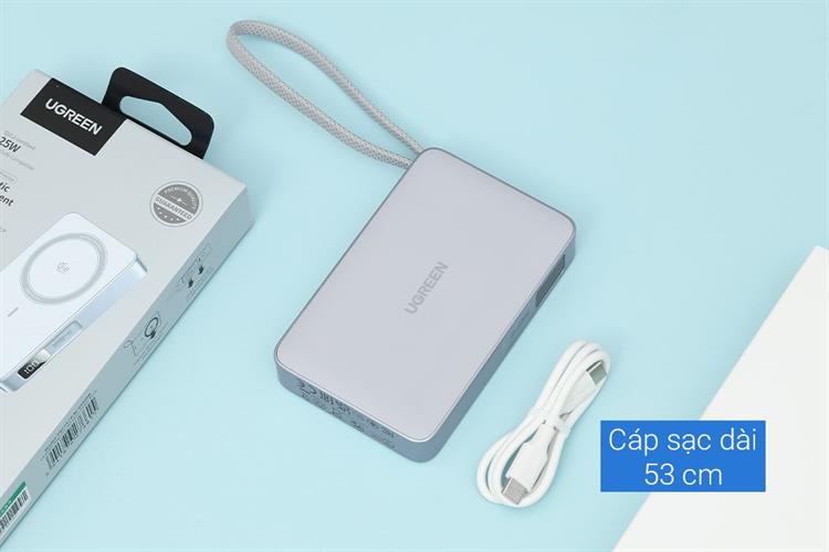 Pin sạc dự phòng Polymer Không dây Magnetic Qi2.2 Type C PD 30W Ugreen PB773 kèm Cáp Type C Màu Xám nhạt