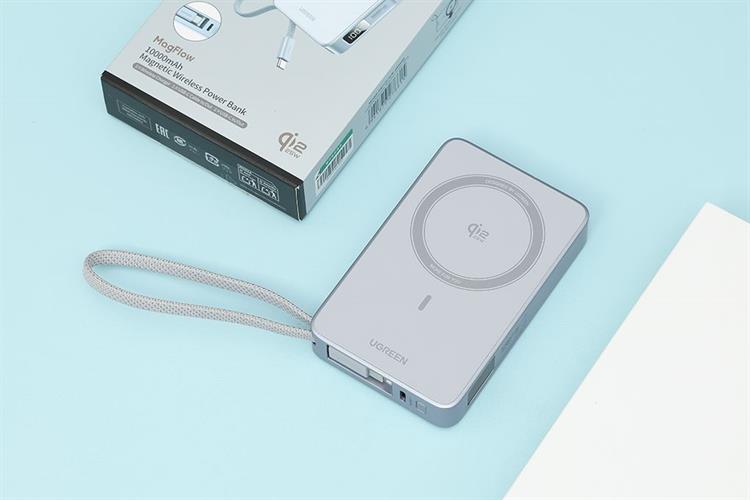 Pin sạc dự phòng Polymer Không dây Magnetic Qi2.2 Type C PD 30W Ugreen PB773 kèm Cáp Type C Màu Xám nhạt