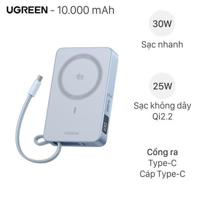Pin sạc dự phòng Polymer Không dây Magnetic Qi2.2 Type C PD 30W Ugreen PB773 kèm Cáp Type C