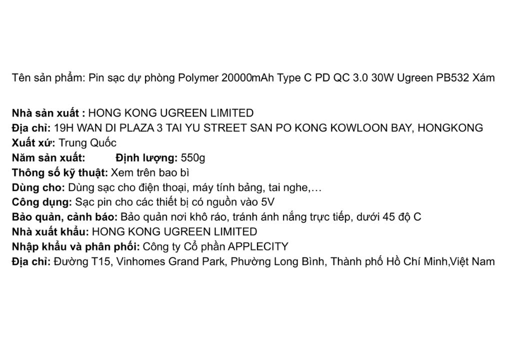 Pin sạc dự phòng Polymer 20000mAh Type C PD QC 3.0 30W Ugreen PB532 Màu Xám