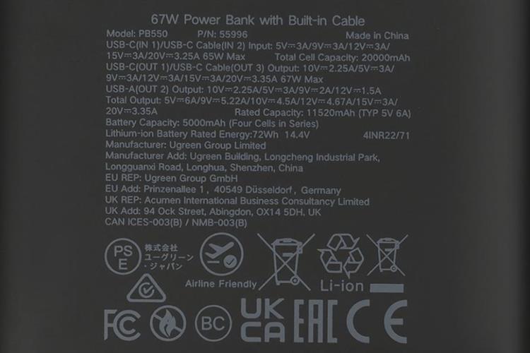 Pin sạc dự phòng 20000mAh Type C PD QC 3.0 67W Ugreen PB550 kèm Cáp Type C Màu Xám