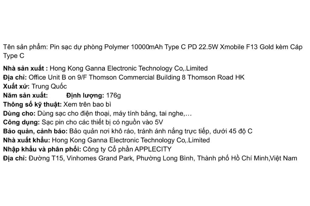 Pin sạc dự phòng Polymer 10000mAh Type C PD 22.5W Xmobile F13 kèm Cáp Type C Màu Vàng