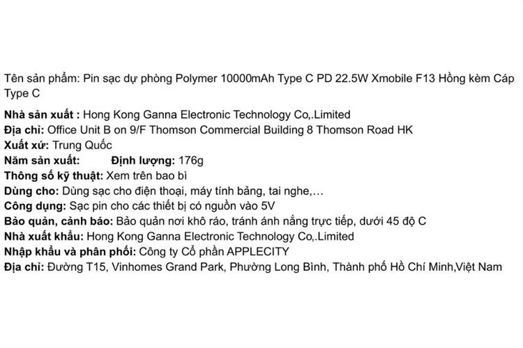 Pin sạc dự phòng Polymer 10000mAh Type C PD 22.5W Xmobile F13 kèm Cáp Type C Màu Hồng