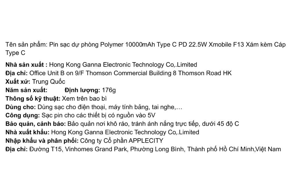 Pin sạc dự phòng Polymer 10000mAh Type C PD 22.5W Xmobile F13 kèm Cáp Type C Màu Xám