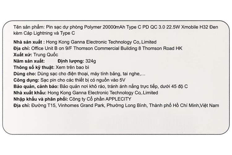 Pin sạc dự phòng Polymer 20000mAh Type C PD QC 3.0 22.5W Xmobile H32 kèm Cáp Lightning và Type C Màu Đen