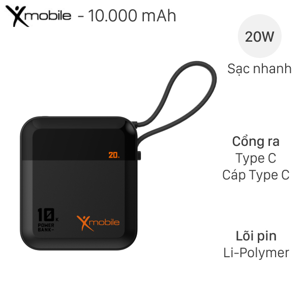 Pin sạc dự phòng Polymer 10000mAh Type C PD 20W Xmobile DS2254A kèm Cáp Type C