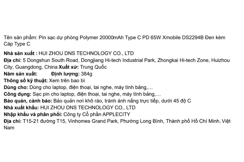 Pin sạc dự phòng Polymer 20000mAh Type C PD 65W Xmobile DS2294B kèm Cáp Type C Màu Đen