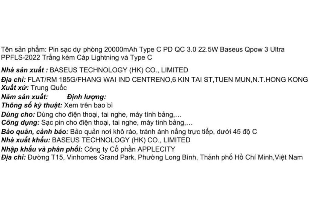 Pin sạc dự phòng 20000mAh Type C PD QC 3.0 22.5W Baseus Qpow 3 Ultra PPFLS-2022 kèm Cáp Lightning và Type C - 4
